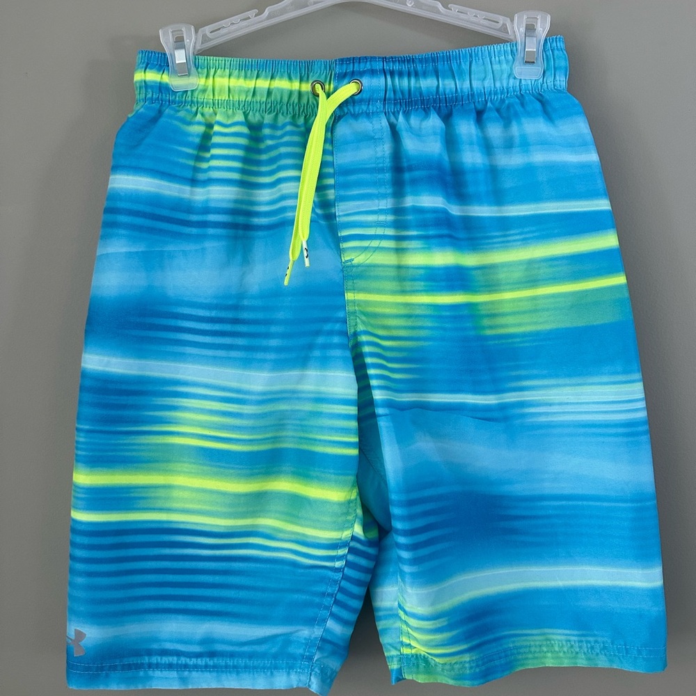 Under Armour Kids' Blue and Neon Yellow Striped Boys Swim Shorts